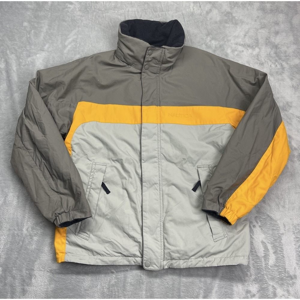 Nautica Bugaboo Jacket Mens Medium Gray Yellow Fleece Lined Long Sleeve Full Zip